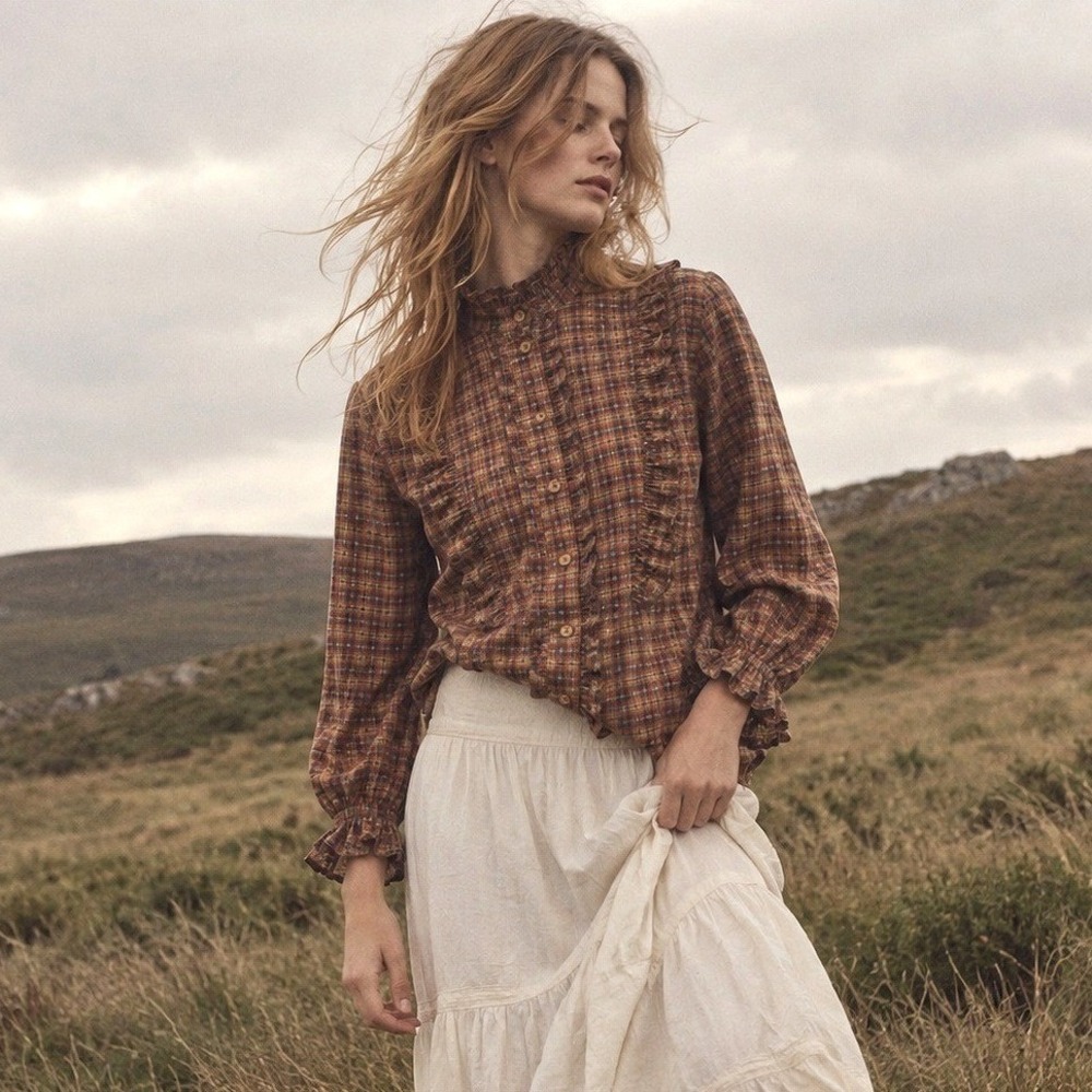 Plaid Ruffle Blouse Brown L Boho Prairie Cottagecore Fall Romantic Victorian Top